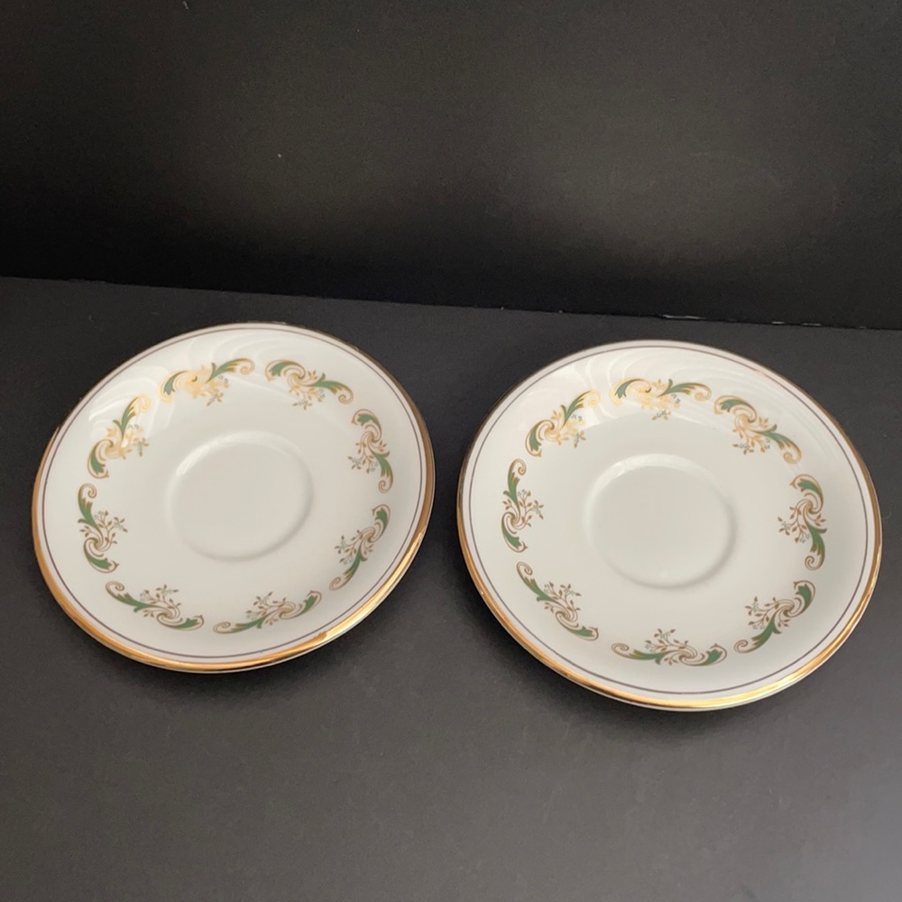 Two Harleigh Bone China Saucers England Vintage Gold Green Design